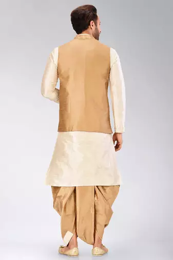 Deep cream dupon art silk kurta, jacket with matching dhoti