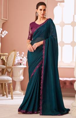 Teal chiffon embroidered party-wear-saree with bridal embroiderd blouse 1