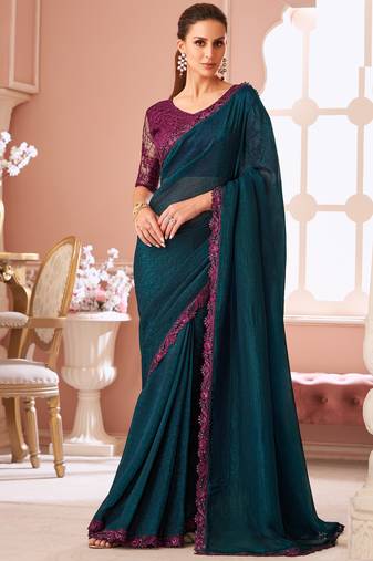Teal chiffon embroidered party-wear-sarees with bridal embroiderd blouse
