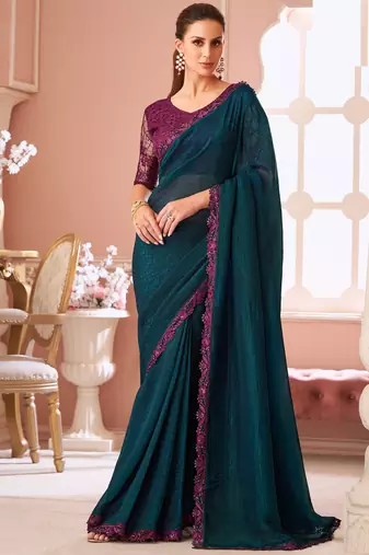 Teal chiffon embroidered party-wear-sarees with bridal embroiderd blouse