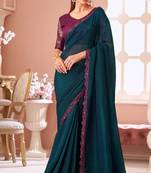 Teal chiffon embroidered party-wear-sarees with bridal embroiderd blouse