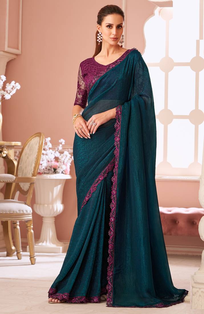 Teal chiffon embroidered party-wear-sarees with bridal embroiderd blouse