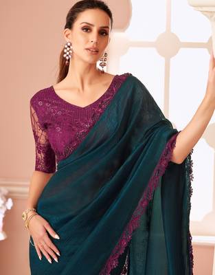Teal chiffon embroidered party-wear-saree with bridal embroiderd blouse 2