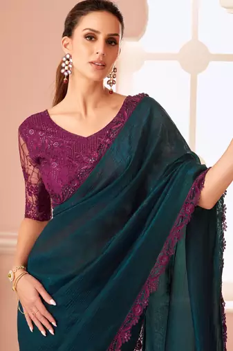 Teal chiffon embroidered party-wear-saree with bridal embroiderd blouse