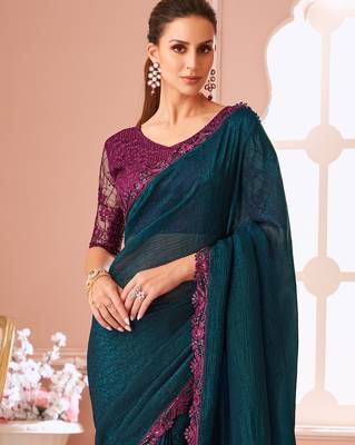 Teal chiffon embroidered party-wear-saree with bridal embroiderd blouse 3