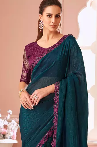 Teal chiffon embroidered party-wear-saree with bridal embroiderd blouse