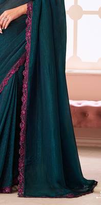 Teal chiffon embroidered party-wear-saree with bridal embroiderd blouse 4