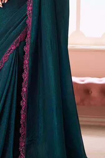 Teal chiffon embroidered party-wear-saree with bridal embroiderd blouse