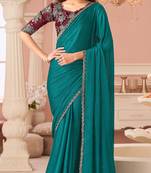 Turquoise chiffon embroidered party-wear-sarees with bridal embroiderd blouse