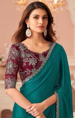 Turquoise chiffon embroidered party-wear-saree with bridal embroiderd blouse 2
