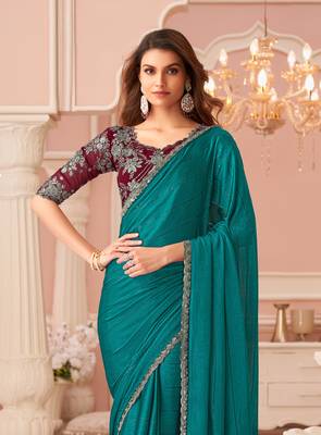 Turquoise chiffon embroidered party-wear-saree with bridal embroiderd blouse 3