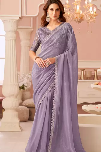 Lavender chiffon embroidered party-wear-sarees with bridal embroiderd blouse