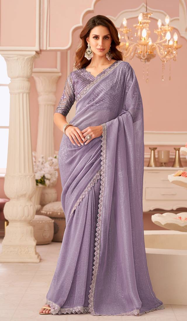Lavender chiffon embroidered party-wear-sarees with bridal embroiderd blouse