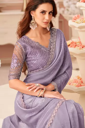 Lavender chiffon embroidered party-wear-saree with bridal embroiderd blouse