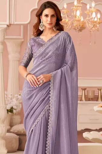 Lavender chiffon embroidered party-wear-saree with bridal embroiderd blouse
