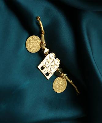 Traditional gold-plated tali pendant with temple door and coin motifs 3
