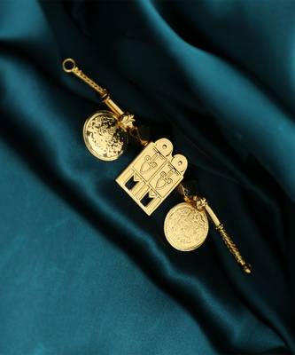 Traditional gold-plated tali pendant with temple door and coin motifs 5