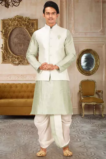 Sea green dupon art silk kurta, jacket with matching dhoti