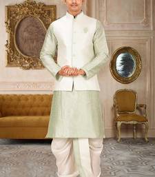 Sea green dupon art silk kurta, jacket with matching dhoti
