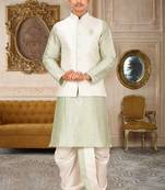 Sea green dupon art silk kurta, jacket with matching dhoti