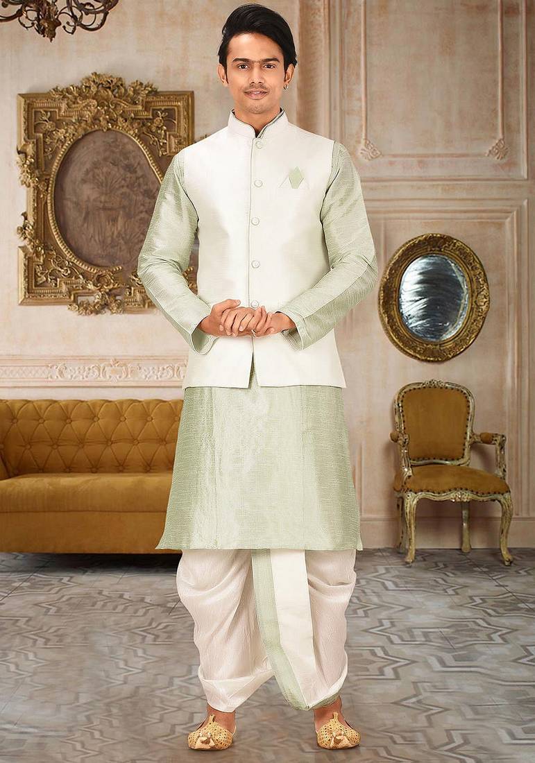 Sea green dupon art silk kurta, jacket with matching dhoti