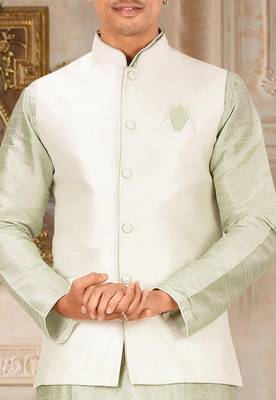 Sea green dupon art silk kurta, jacket with matching dhoti 2