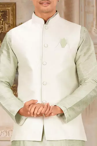 Sea green dupon art silk kurta, jacket with matching dhoti