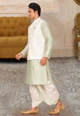 Sea green dupon art silk kurta, jacket with matching dhoti 3
