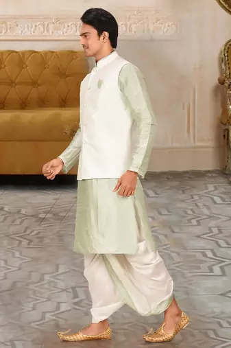 Sea green dupon art silk kurta, jacket with matching dhoti