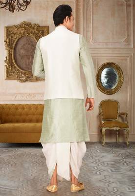 Sea green dupon art silk kurta, jacket with matching dhoti 4