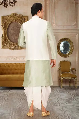 Sea green dupon art silk kurta, jacket with matching dhoti