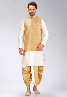 Cream dupon art silk kurta, jacket with matching dhoti 1