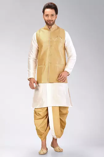 Cream dupon art silk kurta, jacket with matching dhoti