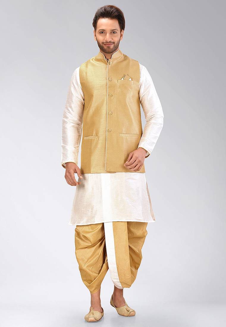 Cream dupon art silk kurta, jacket with matching dhoti