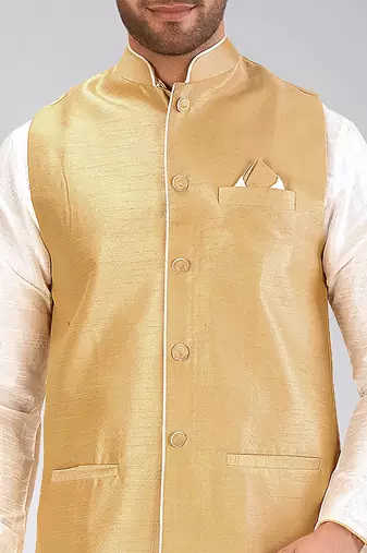 Cream dupon art silk kurta, jacket with matching dhoti