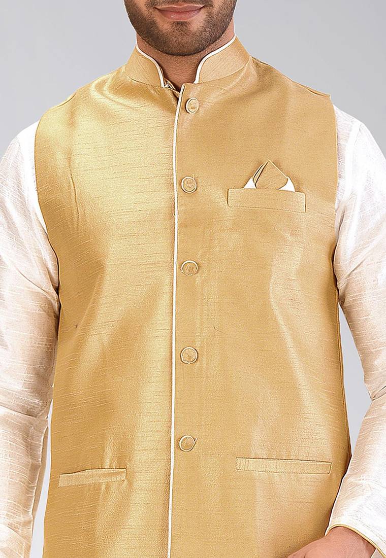 Cream dupon art silk kurta, jacket with matching dhoti