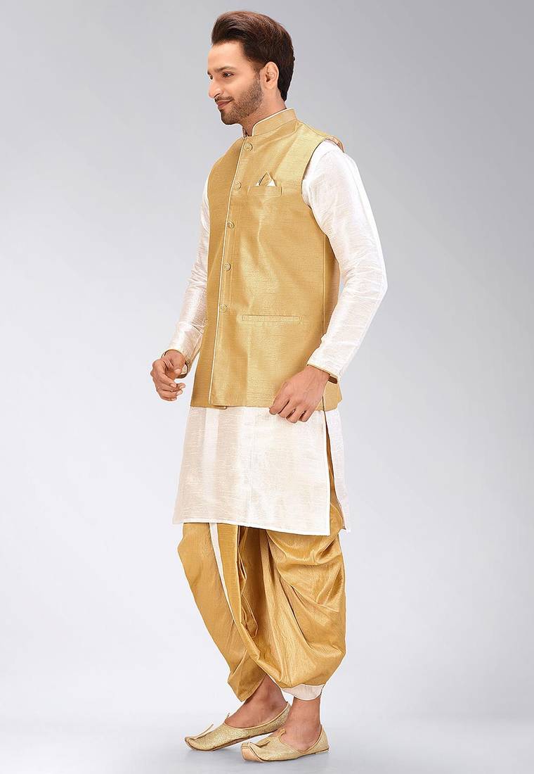 Cream dupon art silk kurta, jacket with matching dhoti