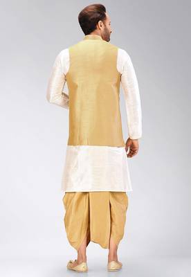 Cream dupon art silk kurta, jacket with matching dhoti 4