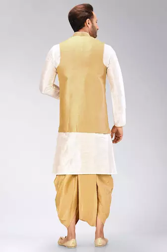 Cream dupon art silk kurta, jacket with matching dhoti
