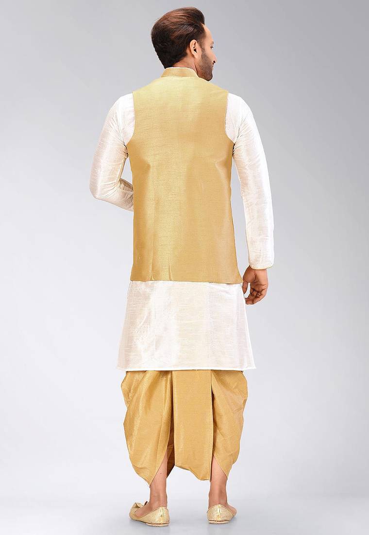 Cream dupon art silk kurta, jacket with matching dhoti