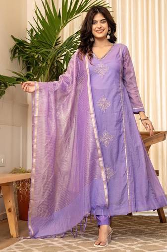 floral embroidered purple v-neck chanderi a-line kurta with trouser & dupatta