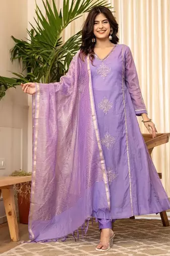 Aaysa floral embroidered purple v-neck chanderi a-line kurta with trouser & dupatta