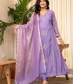 Aaysa floral embroidered purple v-neck chanderi a-line kurta with trouser & dupatta