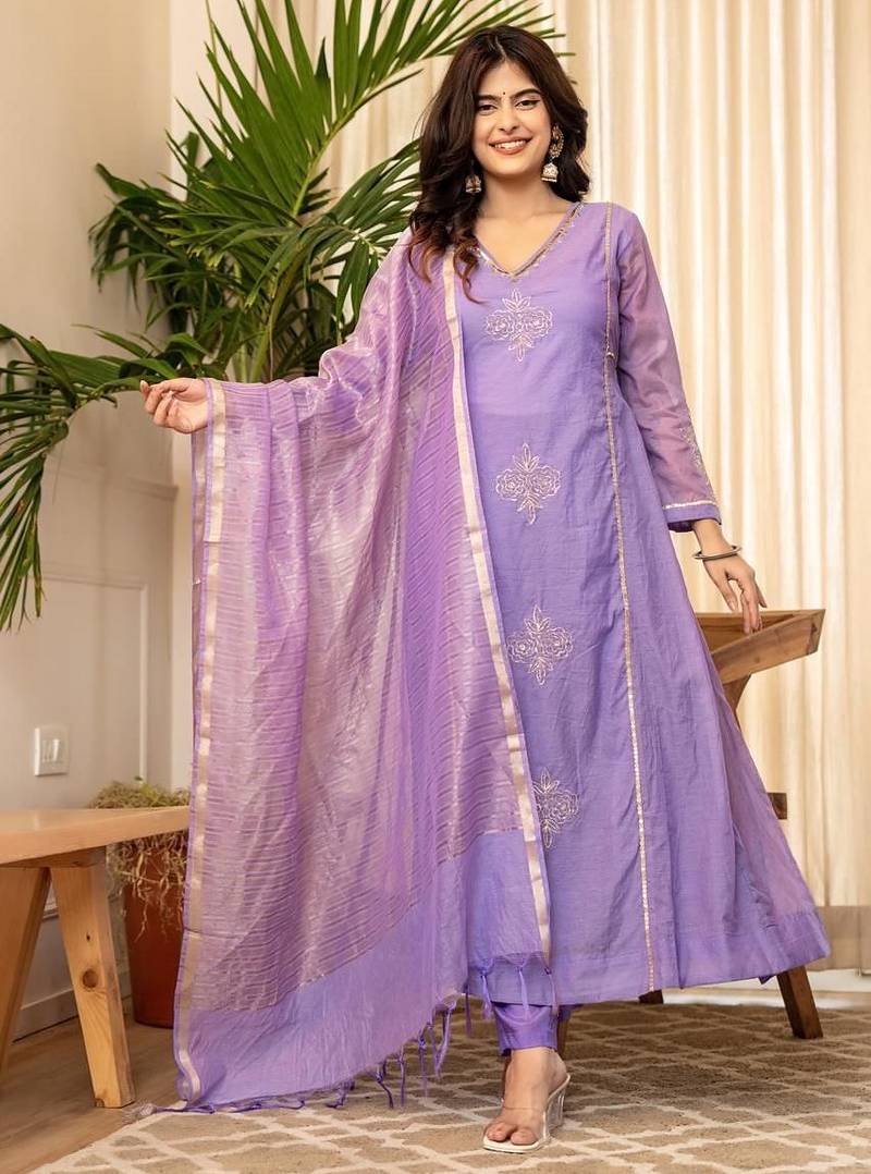 Aaysa floral embroidered purple v-neck chanderi a-line kurta with trouser & dupatta