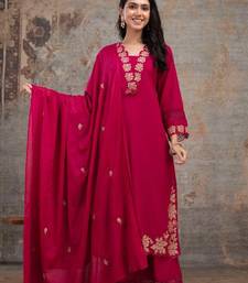 Aaysa floral embroidered pink v-neck pure cotton a-line kurta with trouser & dupatta