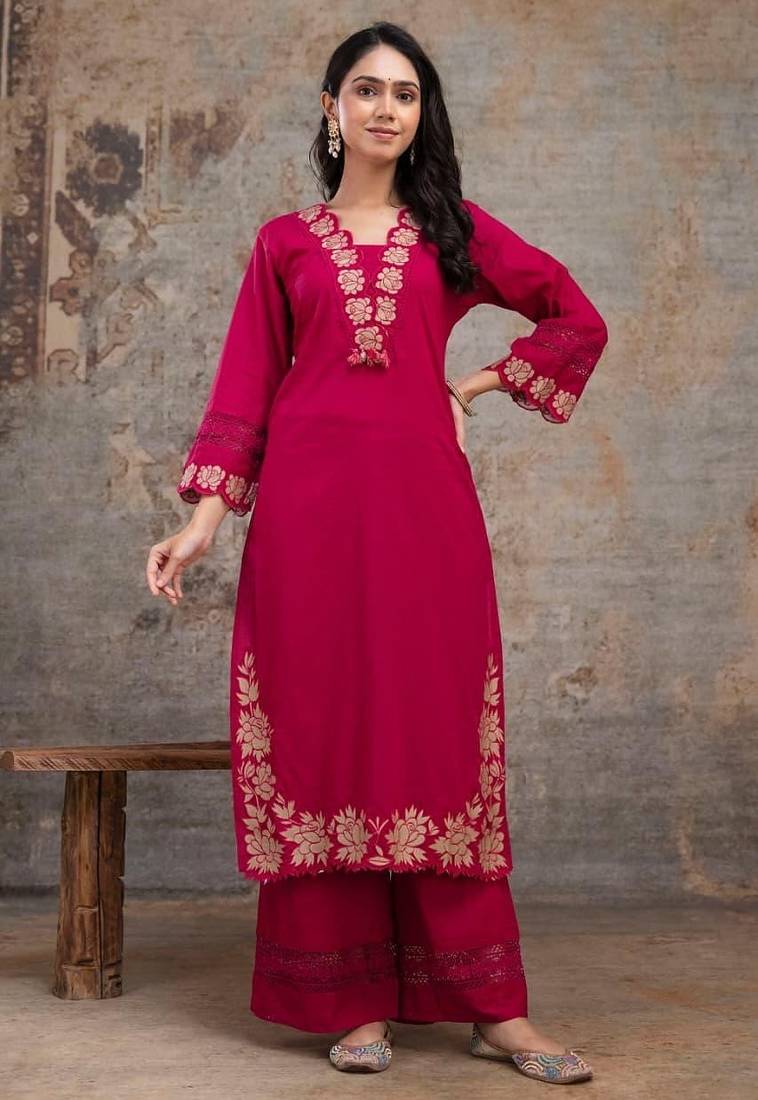 Aaysa floral embroidered pink v-neck pure cotton a-line kurta with trouser & dupatta