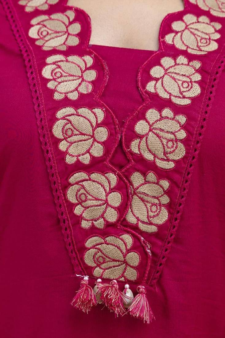 Aaysa floral embroidered pink v-neck pure cotton a-line kurta with trouser & dupatta