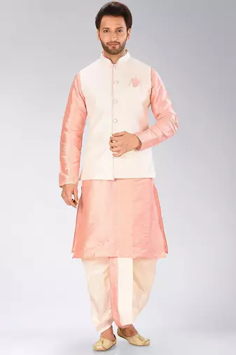 Pink dupon art silk kurta, jacket with matching dhoti