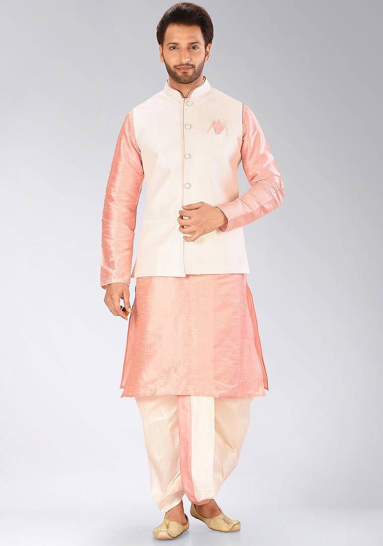 Pink dupon art silk kurta, jacket with matching dhoti
