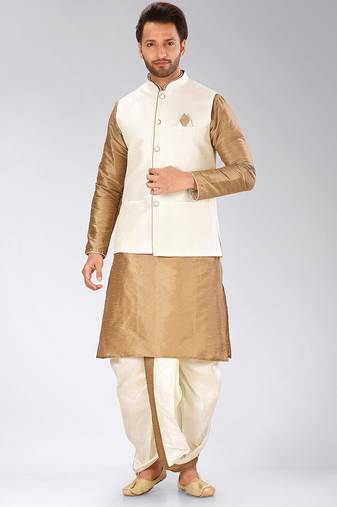 Chikoo dupon art silk kurta, jacket with matching dhoti